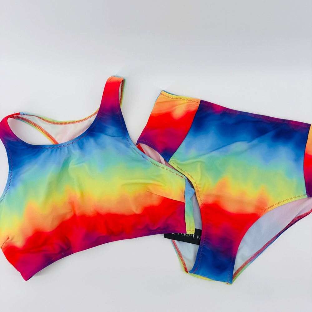 NEW Tempt Me Womens XL Rainbow Tie Dye High Waisted Bikini Set Multicolor